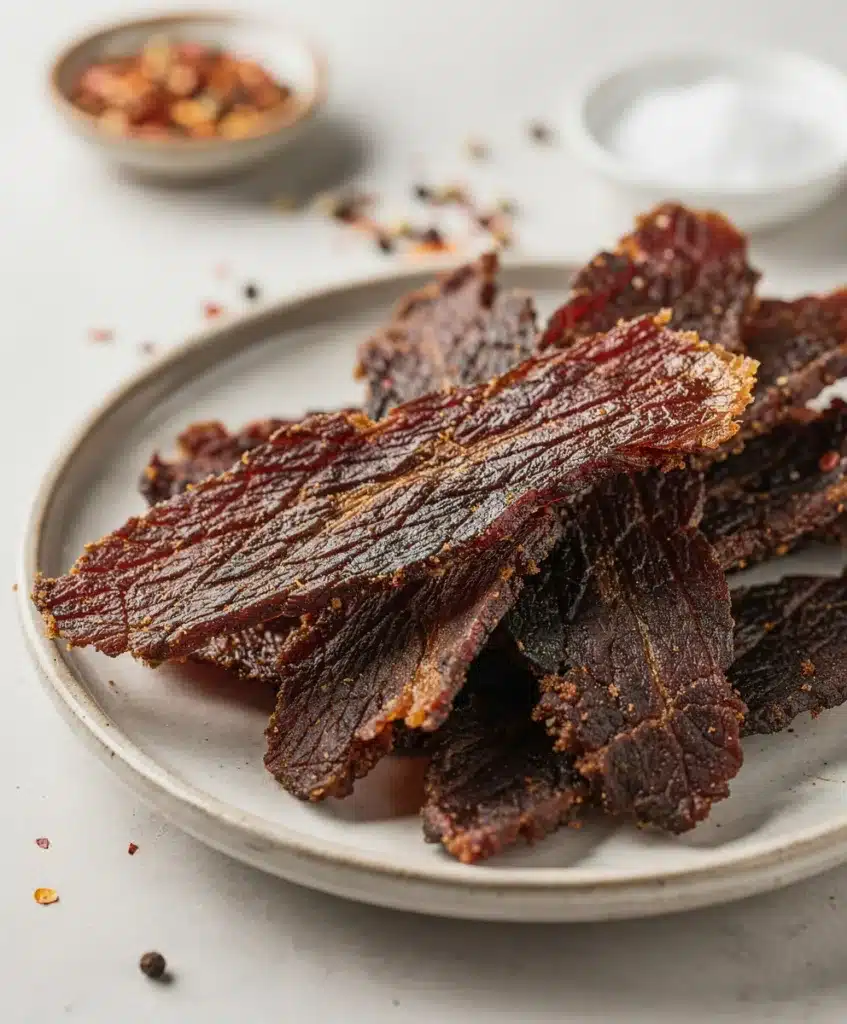 Homemade beef jerky recipe on a rustic wooden board with spices.
