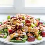 Creamy honey grape chicken salad with pecans and celery in a bowl.