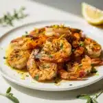 Lemon Herb Grilled Shrimp on rustic wooden platter closeup