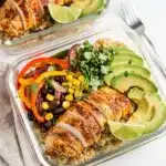 Make ahead chicken meal prep bowls with quinoa, beans, corn, and avocado.