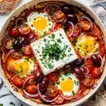 Mediterranean baked feta eggs with tomatoes olives and herbs in skillet