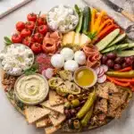 Mediterranean summer board with feta olives hummus pita and fresh vegetables