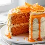 Moist orange layer cake with vanilla cream cheese frosting and glossy orange glaze.