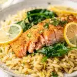 Creamy Salmon Lemon Orzo Skillet in white ceramic dish
