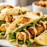 Crispy Smash Chicken Caesar Tacos with creamy dressing and Parmesan.