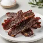 Homemade smoked beef jerky strips with a sticky, peppery glaze on wood.