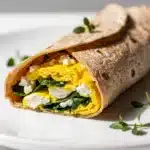 Spinach feta egg white wrap sliced on a rustic wooden cutting board.