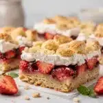 Strawberry shortcake bars feature buttery crust juicy filling and creamy topping