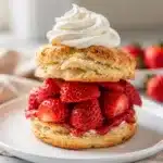 Seasonal strawberry shortcake with juicy berries and fresh whipped cream on a golden biscuit