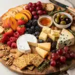Colorful summer fruit and cheese board with crackers and nuts on rustic wood
