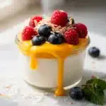 Creamy coconut panna cotta topped with fresh berries and mango puree