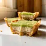Close up homemade creamy lime bars on warm wooden countertop