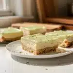 Close up juicy homemade creamy lime bars on warm wood countertop