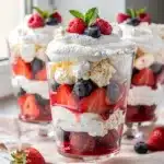 Eton Mess Parfait layers with strawberries and cream close up