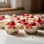 Close up homemade frozen strawberry cheesecake bites on white countertop