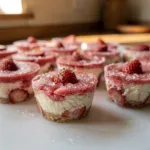 Juicy frozen strawberry cheesecake bites on a white countertop
