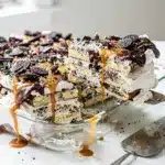 Decadent Ice Cream Sandwich Cake slice with fudge and nuts.