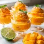 Vibrant mango sorbet cups with mint and coconut topping.