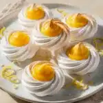 Mini Meringues with glossy lemon curd close up vibrant food photo