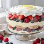 No bake berry trifle layers with lemon cream cheese and berries.