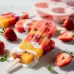 Close-up homemade fruit popsicles with strawberry and mango layers.